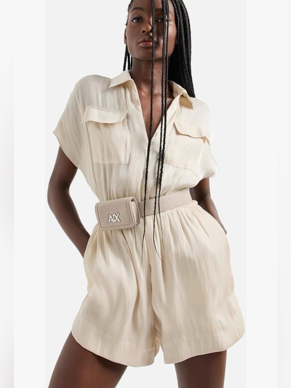 Armani Exchange Shimmering Cream Ivory Short Sleeve Romper with Zip front size 6